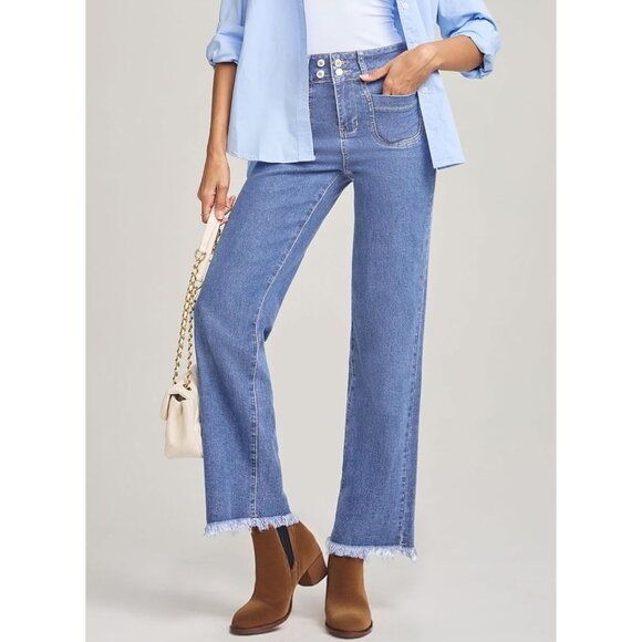 Womens Wide Leg Jeans High Waisted Denim Pants Frayed Hem Trendy Stretchy - Picture 4 of 6